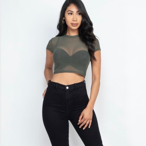OLIVE SHORT SLEEVE CROPPED TOP SHEER MESH SHIRT - Picture 4 of 7